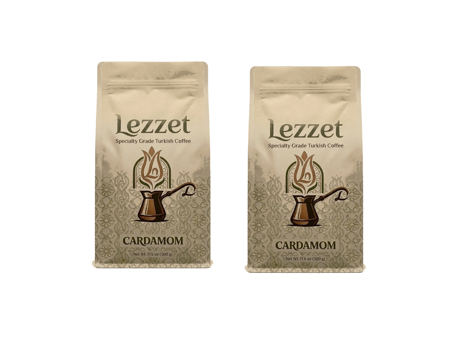 Two Lezzet Cardamom Turkish coffee 17.6 oz bags