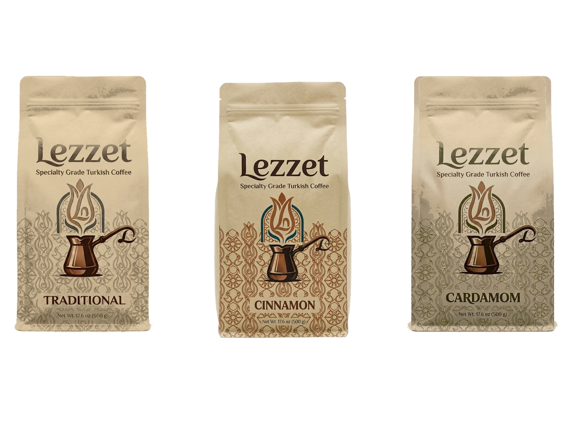 Lezzet Turkish coffee variety pack with Traditional, Cinnamon, and Cardamom bags